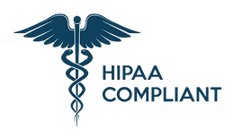 A blue caduceus symbol next to the words HIPAA Compliant on a light gray background, representing adherence to health information privacy standards.